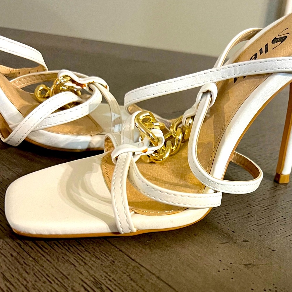 SHEIN white square toe heels with gold detail